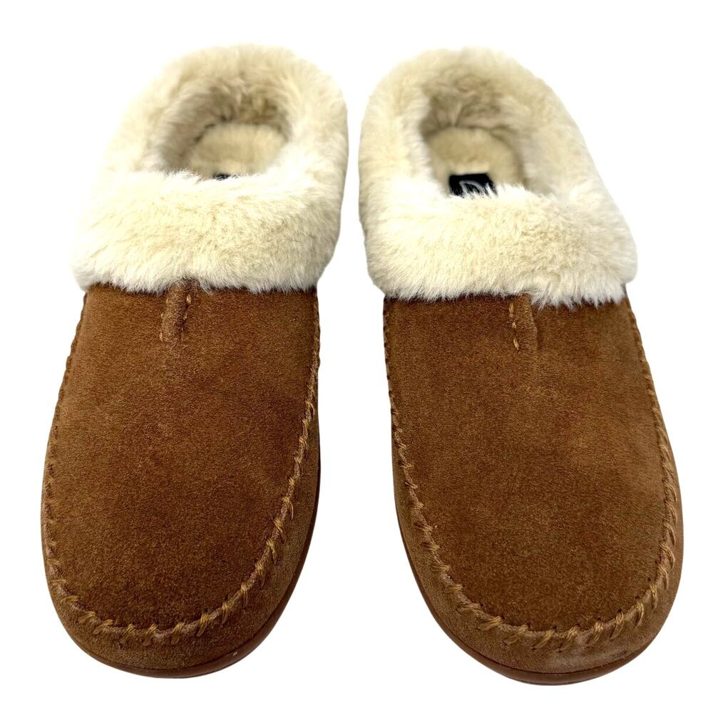 Clarks Size 8 Leather Slippers Slip On Comfort Shoes Brown Fuzzy Lined Clogs - Picture 2 of 8